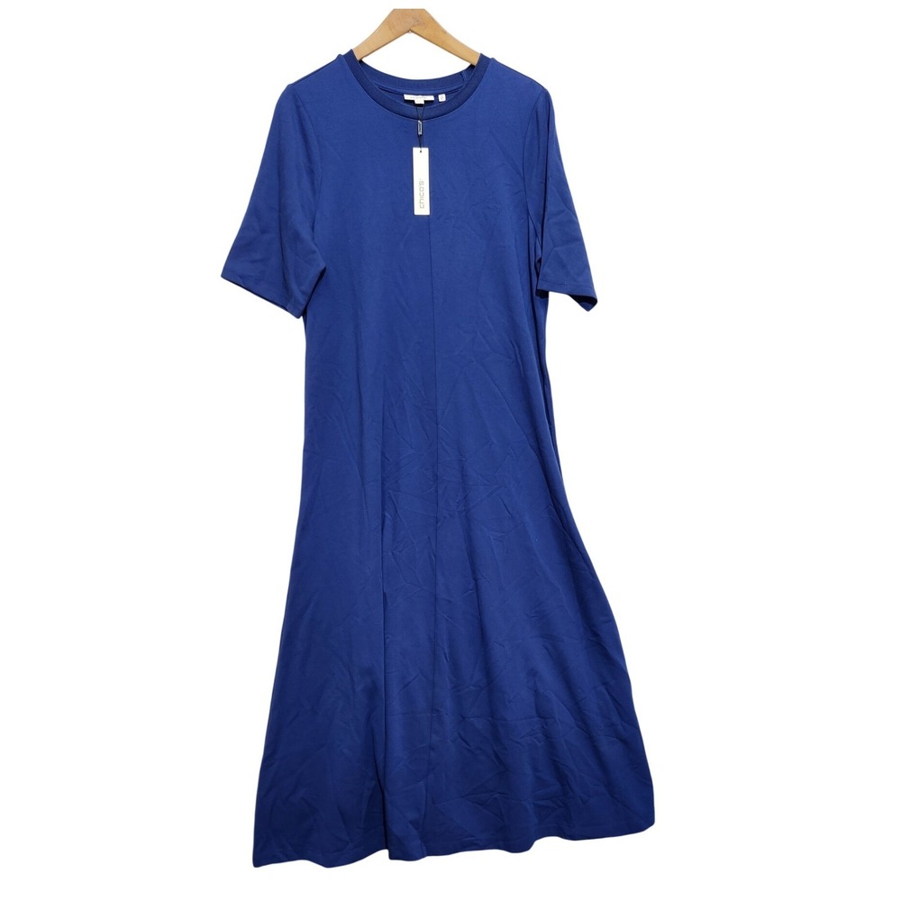 Chicos Blue A-Line Maxi Dress Short Sleeve Stretch Knit Quiet Luxury Womens 2 L
